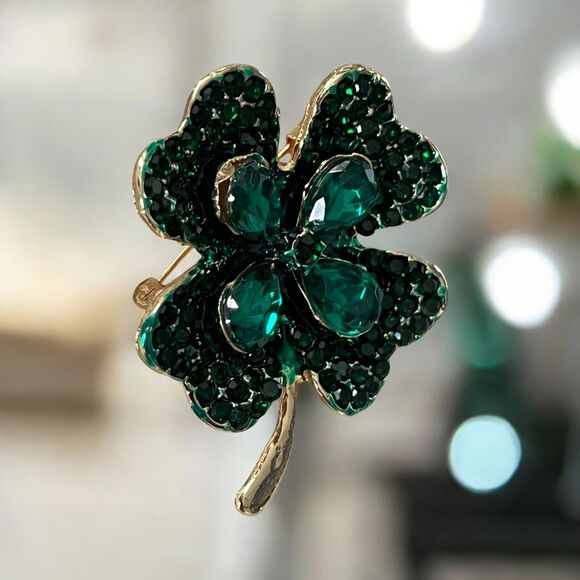 St. Patrick's Day Lucky Four-Leaf Clover Shamrock Rhinestone Brooch - Picture 2 of 4